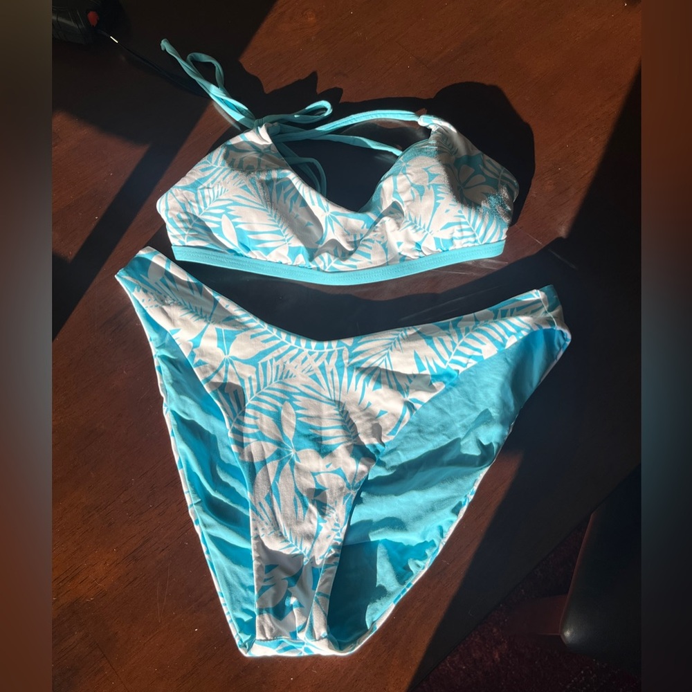 Tropical Baby Blue and White Bikini